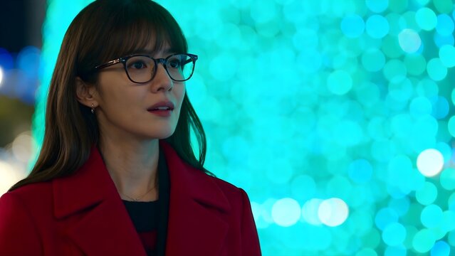 Woman in red coat with bokeh lights