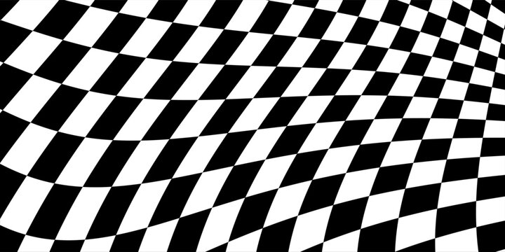 Curved checkerboard pattern with a distorted perspective effect. Black and white checkered optical illusion background texture