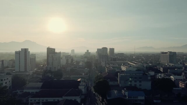 Aerial view asia africa street iconic landmark of Bandung city , West Java, Indonesia, morning sunrise