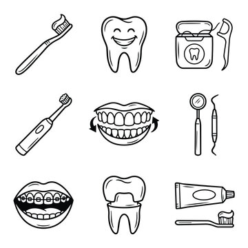 Dental Hygiene Icons Set Toothbrush Floss And Tools.