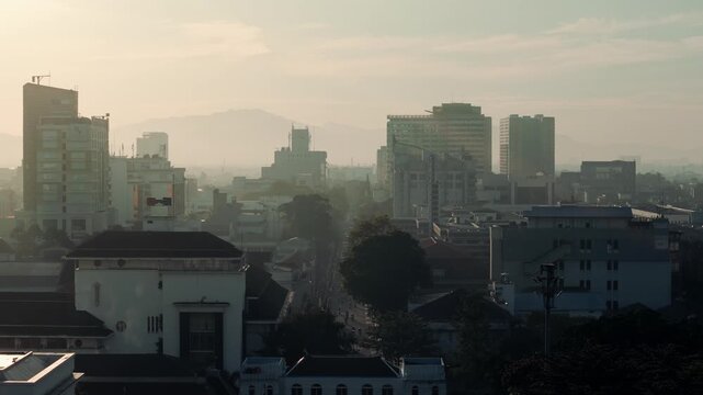 Aerial view asia africa street iconic landmark of Bandung city , West Java, Indonesia, morning sunrise
