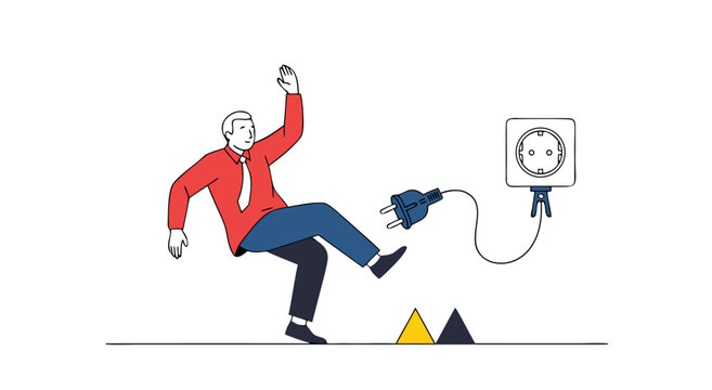 Workplace safety vector illustration depicting a man tripping over an unplugged electrical cord, emphasizing common office hazards