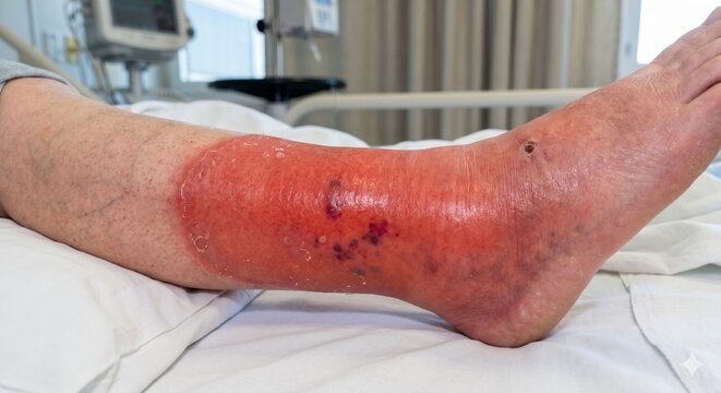 Close up of patient leg with severe red rash and skin infection specifically erysipelas