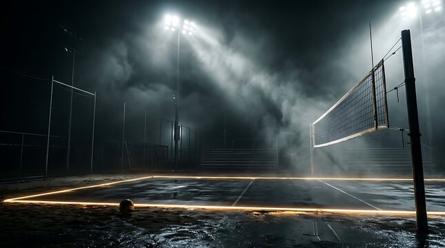 Empty beach volleyball court at night with glowing boundary lines and dramatic fog