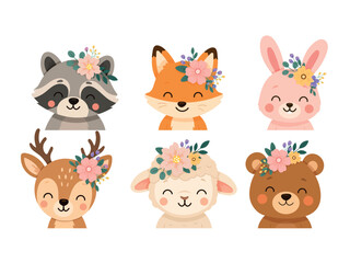Obraz premium Set cute woodland animals with floral crowns, including raccoon, fox, rabbit, deer, lamb and bear. Flat vector illustration isolated on white background.