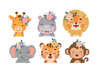 Obraz premium Set cute safari animal portraits featuring giraffe, hippo, lion, elephant, tiger and monkey with floral crowns. Flat vector illustration isolated on a white background.