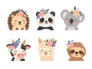 Naklejka premium Set cute animal portraits featuring hedgehog, panda, koala, cow, alpaca and sloth with floral crowns. Flat vector illustration isolated on a white background.