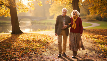 Fototapeta premium A joyful elderly couple walks hand in hand through a picturesque autumn park, surrounded by vibrant foliage and warm sunlight.