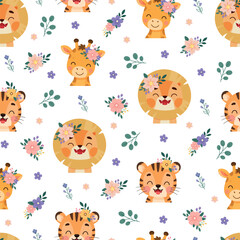 Obraz premium Seamless pattern with cute lion and giraffe characters wearing floral crowns, surrounded by pastel flowers and leaves in a flat vector style for nursery decor.