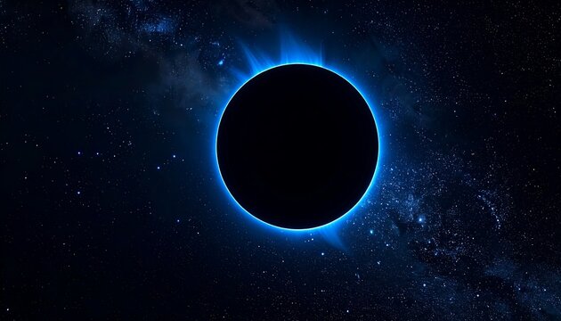 Dark Solar Eclipse with Blue Corona Glow in Deep Space