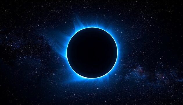 Dark Solar Eclipse with Blue Corona Glow in Deep Space