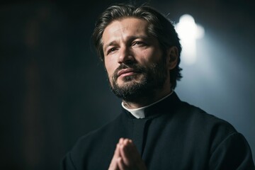 Fototapeta premium Man in clerical collar praying with hands clasped in a dimly lit church setting