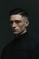 Obraz premium Young priest with a modern haircut and freckles gazes thoughtfully
