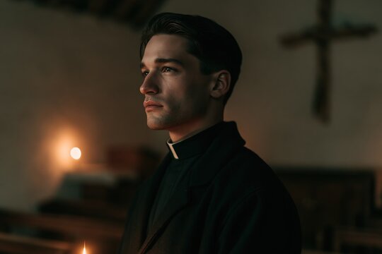 Young priest in cassock holding a candle in dimly lit church interior