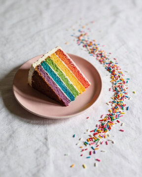 A single slice of colorful rainbow cake on a pastel pink plate, accompanied by a decorative trail of sprinkles on a white tablecloth for Pride Month.