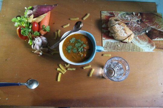 Fresh Vegetable Soup in Ceramic Bowl on Wooden Background total