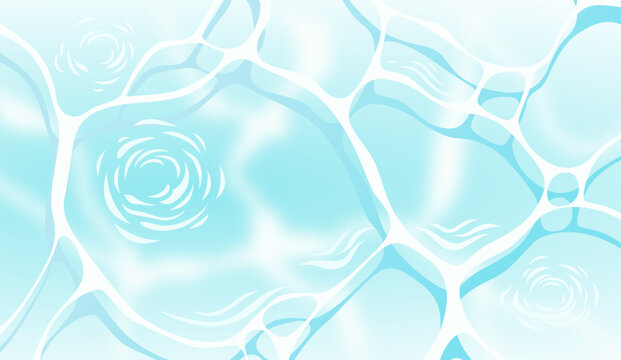 Vector illustration of crystal clear blue water surface with sun reflection, ripples, and caustics effect.