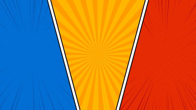 Dynamic comic book style background with vibrant radial and dotted patterns in blue, orange, and red