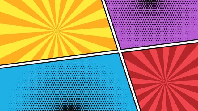 Vibrant comic book style blank template with four distinct panels, featuring sunburst and halftone patterns in various colors, perfect for creative design projects for a dynamic visual impact