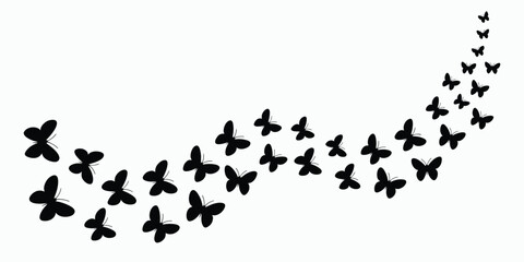 Flock Of Butterflies In Curved Formation Black Silhouette White Background © PixelNest