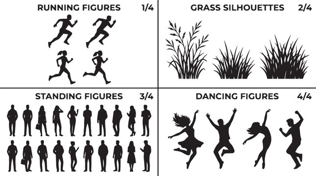 Black silhouette vector collection featuring running, standing, and dancing human figures plus decorative grass silhouettes isolated bundle
