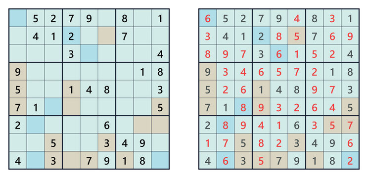 Sudoku 9x9 Grid with Numbers &ndash; Medium Level Puzzle  with Answers on White Background