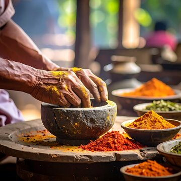 Spice blending in a traditional setting.