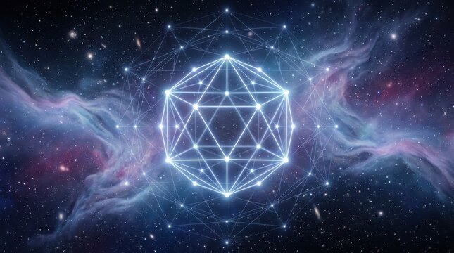 Glowing geometric constellation in deep space with nebula