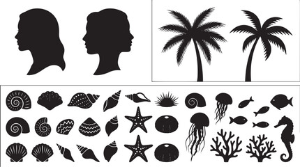 Black silhouette vector collection featuring female head profiles, tropical palm trees, seashells, and underwater marine life © MdBabul