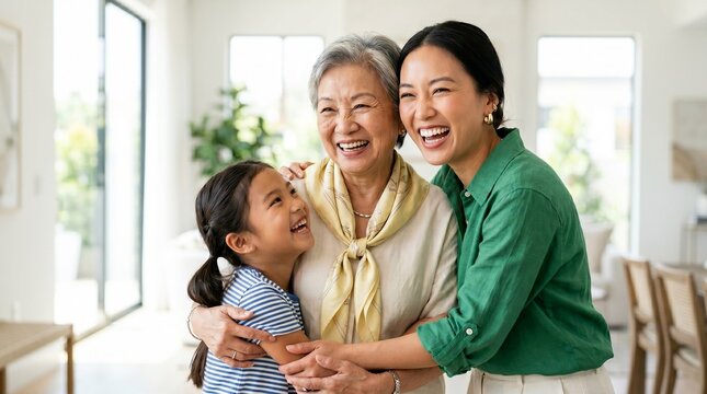 Grandmother, mother and child hugging and laughing indoors. Happy three generation asian family spending time together in modern home. Love, connection and care concept.