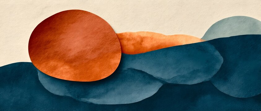 Abstract photo of orange orb resting on blue waves. 64k 8k widescreen, HDR,