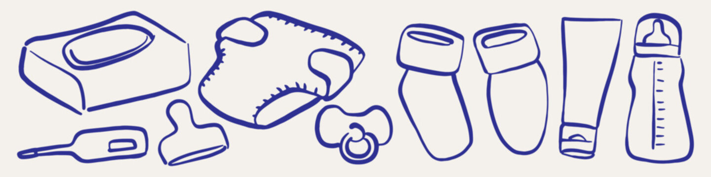 Elements related to newborn baby care include baby bottles, pacifiers, diapers, socks, and wipes. Vintage style ink doodle art for card illustrations.