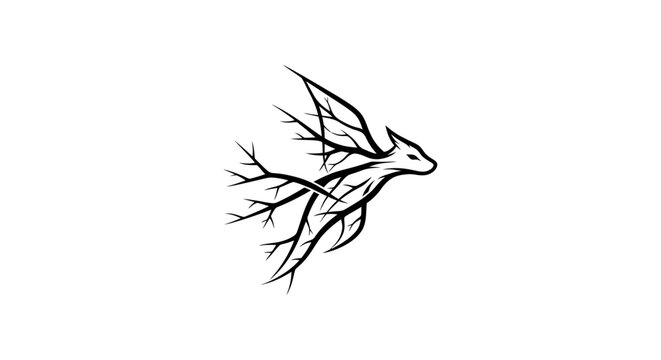 Bird flying with tree branches.