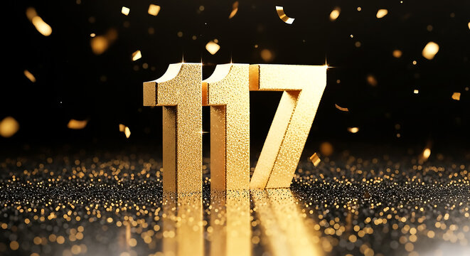 Stylish 3D golden numbers '117' with sparkling confetti and glittery background for celebration or milestone events.