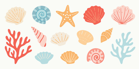 Collection Of Marine Shells And Coral Pastel Vector Illustration © Promit