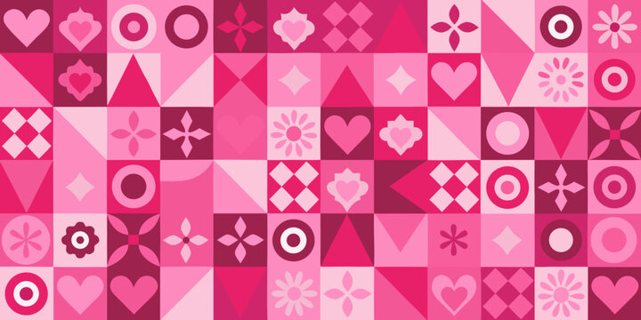 Pink patchwork pattern with hearts flowers and geometric shapes