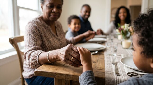 African american family holding hands while praying before dinner at home table. Multi-generational kin sharing meal and giving thanks. Religious tradition, gratitude and bonding together.