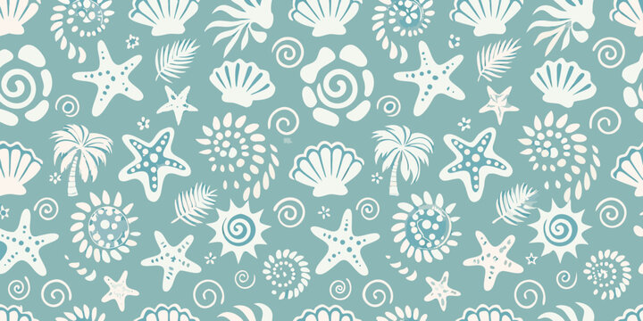 Seashells starfish and palm fronds vector pattern on teal background