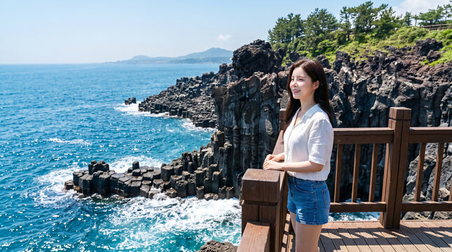 바위 해안에 선 여행 여성 / Woman Standing on a Rocky Coast