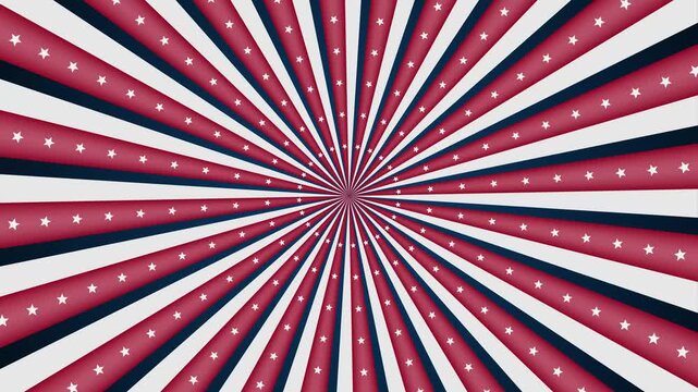 US flag animated rotation looped background of red and blue lines stripe with star. Retro motion graphic sun beam ray. Vintage fun fair burst. Carnival abstract circle