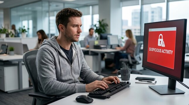 Man looking at computer screen displaying suspicious activity alert. Internet fraud and cybersecurity threat concept. Employee facing identity theft or hacking attempt in modern open office.