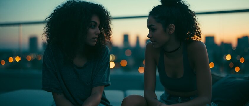Two women sit on a rooftop at twilight. 64k 8k widescreen, HDR,