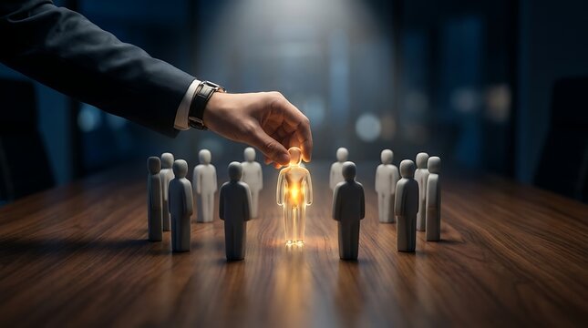 Hand selecting glowing figure from group on wooden table