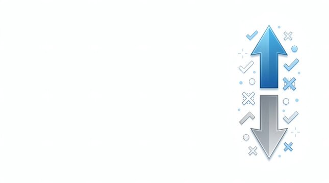 Comparison and direction concept with blue up arrow and grey down arrow on white background.