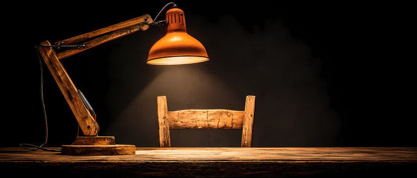 Une lampe de bureau vintage en bois projette une lumi&egrave;re sur une table rustique et une chaise devant un mur sombre , id&eacute;al pour arri&egrave;re-plan, banni&egrave;re ou mokup