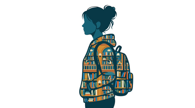 Silhouette of a woman with a backpack looking to the side