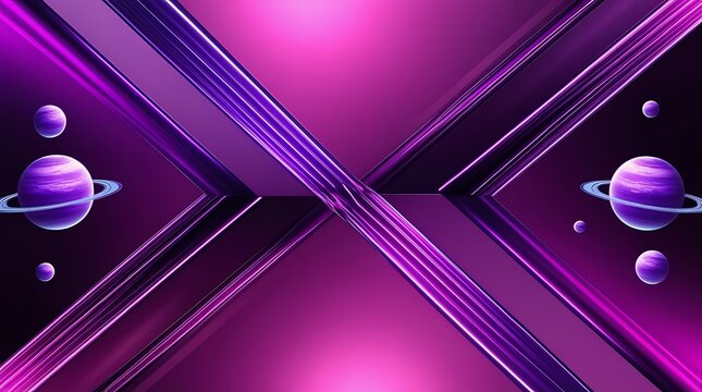 Abstract purple background with reflective geometric lines and planets in space.