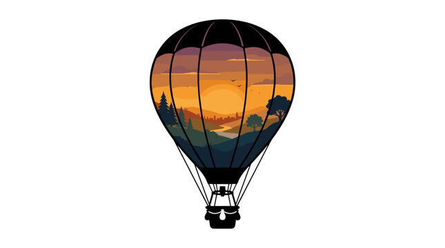Colorful hot air balloon floating over scenic landscape at sunset
