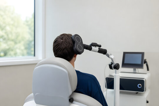 Patient receiving magnetic brain stimulation in clinic