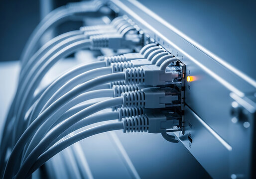 Close-up of Ethernet cables plugged into a network switch in a data center with blue lighting